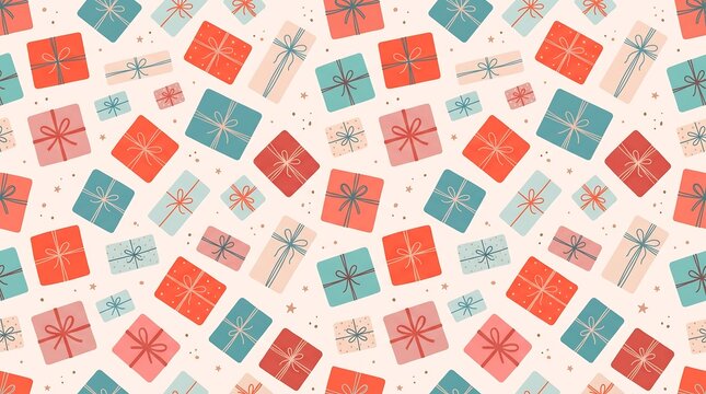christmas Pattern with colorful present boxes and small stars on a light beige background with various gift