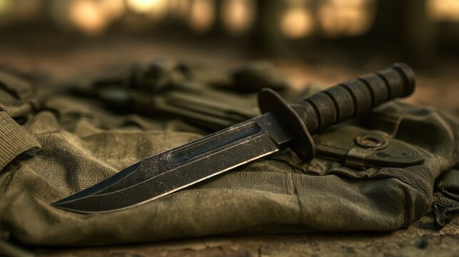 Combat knife blade and handle on olive drab tactical backpack in natural setting