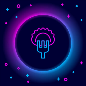 Glowing neon line Dumplings on fork icon isolated on black background. Pierogi, varenyky, pelmeni, ravioli. Traditional Ukrainian food. Colorful outline concept. Vector