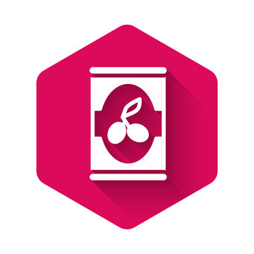 White Olives in can icon isolated with long shadow. Concept of canned food. Pink hexagon button. Vector
