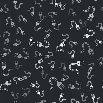 Grey Electric plug icon isolated seamless pattern on black background. Concept of connection and disconnection of the electricity. Vector