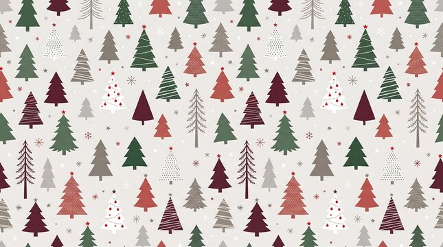 christmas seamless pattern of various stylized fir trees and tiny stars on a light background with seasonal
