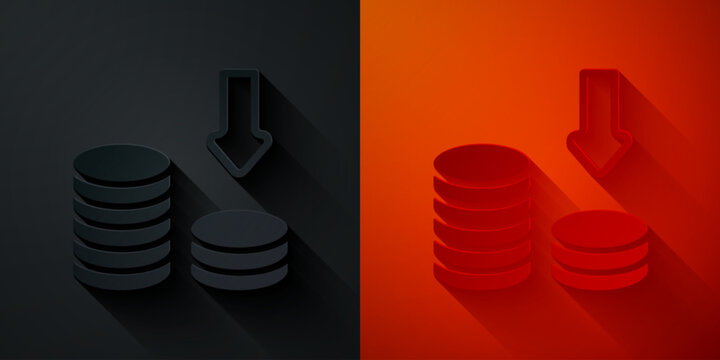Paper cut Dollar rate decrease icon isolated on black and red background. Cost reduction. Money symbol with down arrow. Business lost crisis decrease. Paper art style. Vector