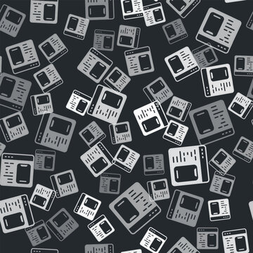 Grey Software, web developer programming code icon isolated seamless pattern on black background. Javascript computer script random parts of program code. Vector