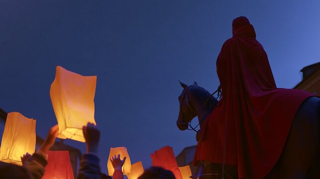 Saint Martin on horseback leads children with glowing paper lanterns at dusk, traditional German lantern parade concept for cultural events, schools and family celebrations