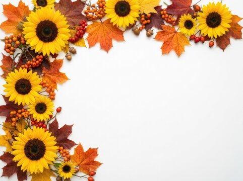 Bright sunflowers and autumn leaves composition