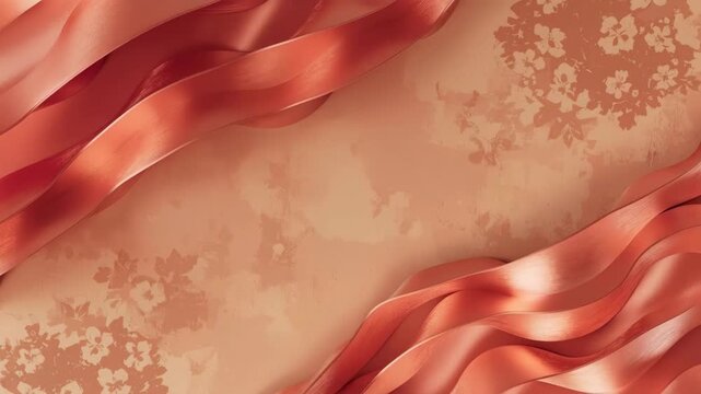 Red Satin Ribbon Abstract Floral Pattern on Beige Textured Background for Festive Design
