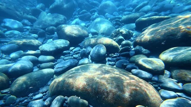 Smooth rounded stones on a clear seabed with sunlight caustics