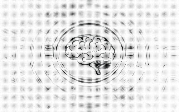 Abstract halftone dot pattern featuring a human brain icon inside a circular geometric frame