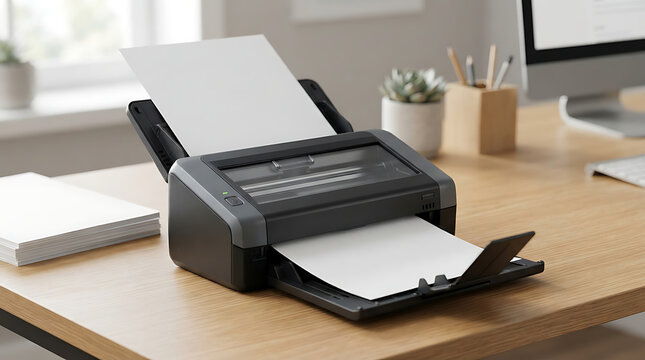 Compact document scanner with paper loaded and emerging on a wooden desk with a computer monitor and office supplies