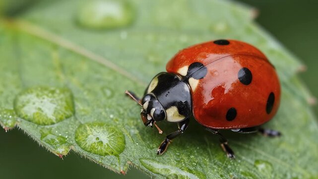 Close-up of a Ladybug on a Leaf with Dew Drops