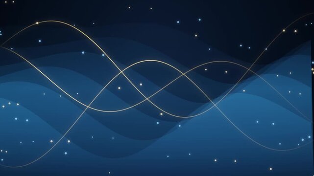 Abstract Motion Background Featuring Golden Sinusoidal Waves and Glowing Floating Particles in Blue