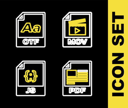 Set line MOV file document, PDF, JS and OTF icon. Vector
