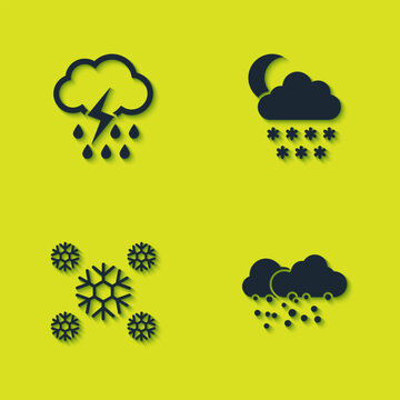 Set Cloud with rain and lightning, snow, Snow and moon icon. Vector