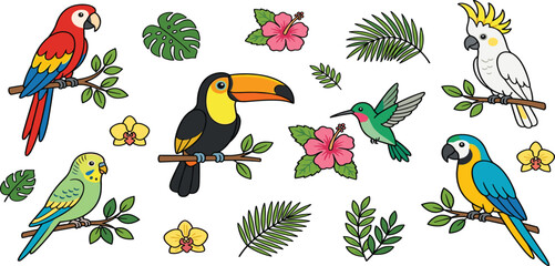 Fototapeta premium Tropical Exotic Birds and Floral Vector Element Set with Colorful Macaws, Toucan, Cockatoo, Hummingbird, Parakeet, Hibiscus Flowers, and Jungle Palm Leaves
