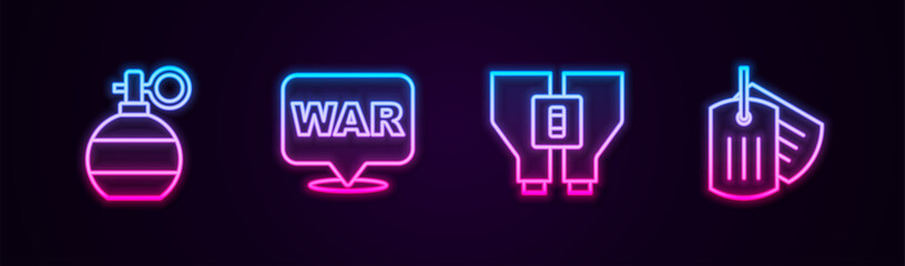 Fototapeta premium Set line Hand grenade, The word war, Binoculars and Military dog tag. Glowing neon icon. Vector