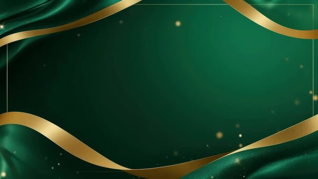 Emerald Green Background with Gold Ribbon Abstract Design and Glowing Sparkle Celebration