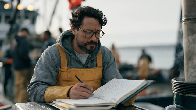 A crab trapper carefully archives handwritten catch records in a waterproof binder on a rain soaked dock, steam rising from a nearby engine vent, a multicultural crew visible in