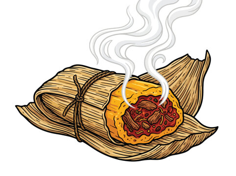 Steaming hot Mexican tamale with shredded beef filling wrapped in corn husk