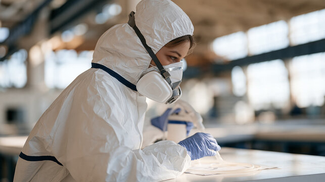 A woman safety inspector in full PPE including respirator and Tyvek suit collects air quality samples inside a decommissioned industrial facility, sampling pump and tubes held
