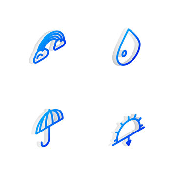 Set Isometric line Water drop, Rainbow with clouds, Umbrella and Sunset icon. Vector