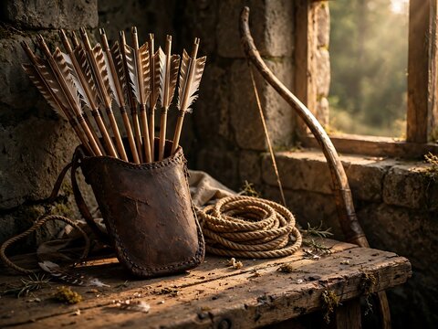 A leather quiver filled with wooden arrows and a longbow resting on a rustic wooden table in a stone room near a window with soft morning sunlight
