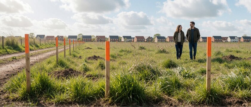 Smiling couple walking through field with new houses