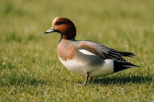 Eurasian wigeon duck walks on green grass field. Wild water bird Anas penelope rests in natural meadow habitat. Male specimen shows colorful feathers in outdoor summer environment. Avian fauna lives