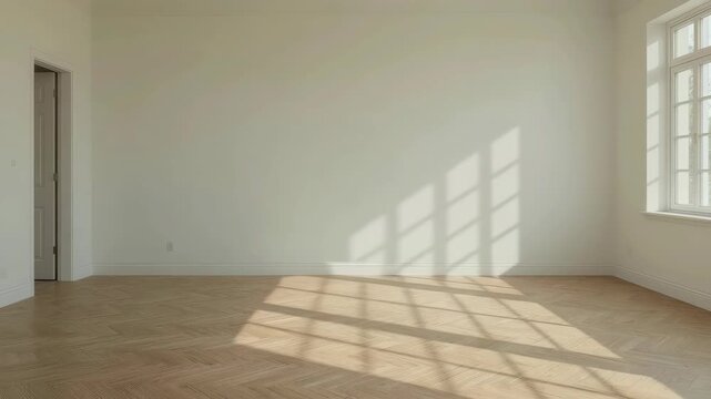 Empty Room Interior with Sunlight, Window Shadow Across Wooden Parquet Floor