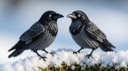 Fototapeta premium Two tiny knitted black birds sit on snowy ground. Handmade wool rook chess pieces look like real crows in winter. Miniature crochet toy animals feature detailed texture, grey patterns. Small craft