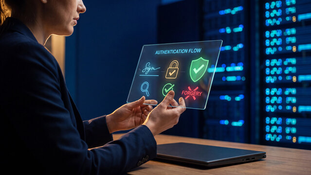 Digital signature authentication and forgery detection concept, businesswoman touching hologram screen with shield and check mark for online identity verification, fraud risk and data security