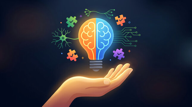 Digital Brain Concept with Hand Touch & Holographic Display