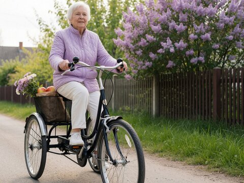 Senior woman riding a tricycle on a country road