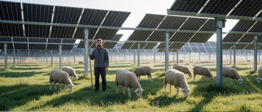 Shepherd with sheep grazing under solar panels