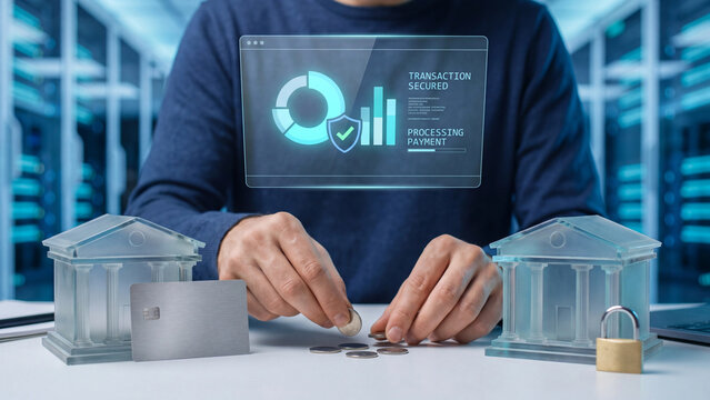 Online banking transaction and payment processing concept, man with coin, credit card and bank model holding hologram chart and shield for digital finance transfer, data encryption and fraud safety