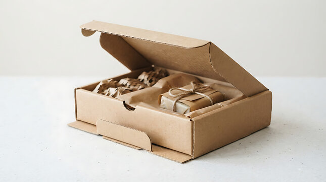 Open cardboard box with protective packaging and a small wrapped gift inside, ready for shipping or delivery