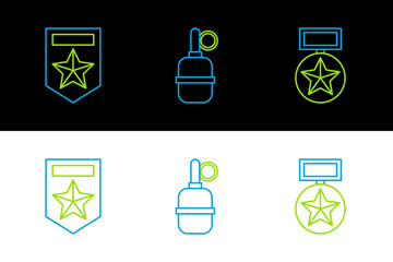 Fototapeta premium Set line Military reward medal, Chevron and Hand grenade icon. Vector