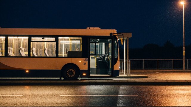 Empty City Bus at Night in the Rain