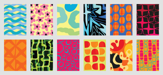 Obraz na płótnie Canvas Fun Eclectic Mid Century Pattern Bundle, vector abstract prints with playful waves, florals, squiggles and geometric motifs for fabric, wallpaper, home decor, packaging and surface design