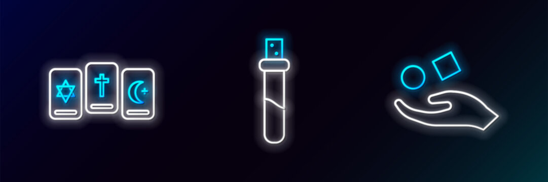 Set line Cube levitating above hand, Three tarot cards and Bottle with love potion icon. Glowing neon. Vector