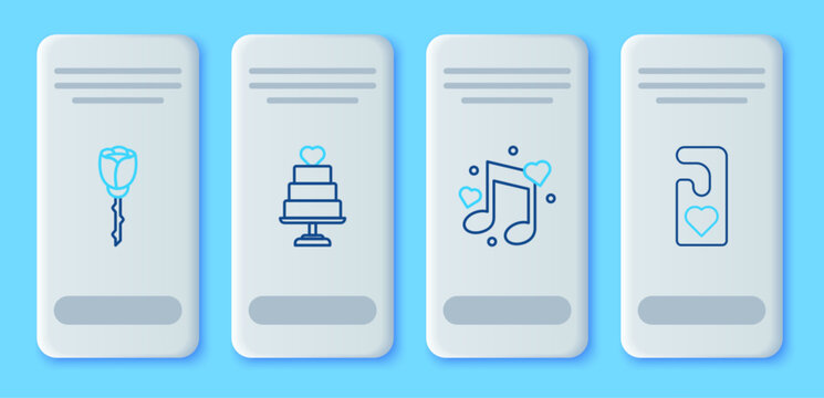 Set line Wedding cake with heart, Music note, tone hearts, Flower rose and Please do disturb icon. Vector