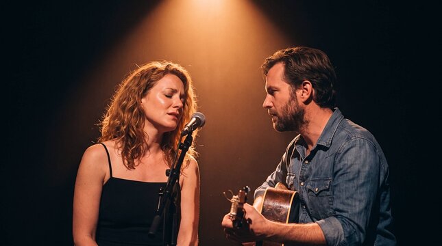 Folk duo performing on stage, woman singing into microphone and man playing acoustic guitar, live music, spotlight, singer-songwriters
