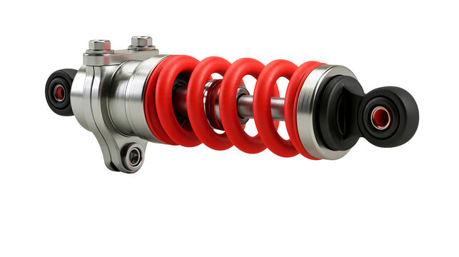 Isolated metallic shock absorber with a bright red coil spring for automotive suspension.