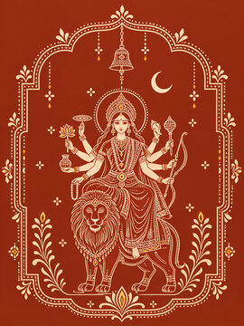 Maa Kushmanda, Fourth Day of Navratri &ndash; Hindu Goddess with Lion Line Art Illustration