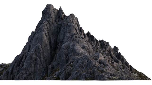 Isolated powerful dark mountain peak featuring rugged jagged cliffs and impressive rocky slopes.