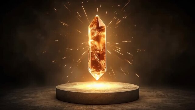 Glowing Golden Crystal Mineral Energy Light Above Mystical Pedestal with Radiant Sparks