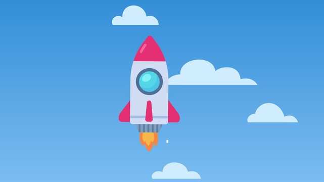 Vibrant cartoon rocket soaring into a clear blue sky amidst fluffy clouds, symbolizing startup success and new project launch