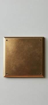 Blank brass name plate template on a plain wall. Empty brass plaque offering copy space, secured to a light gray wall with screws