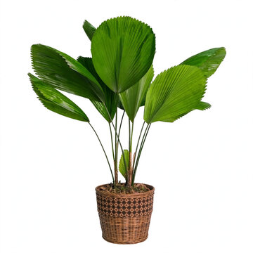 Young Licuala Grandis Palm In Short Woven Rattan Pot With Sundanese Batik Pattern Isolated