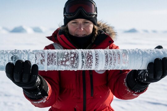 Female polar researcher holding an ice core sample